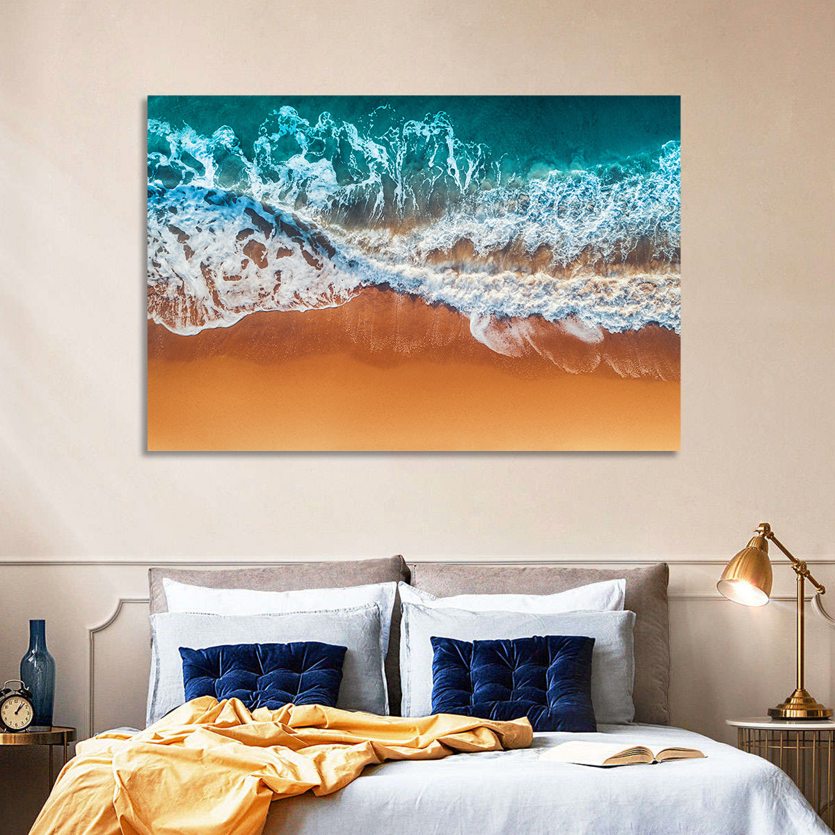 Aerial Beach Waves Wall Art in a room, landscape