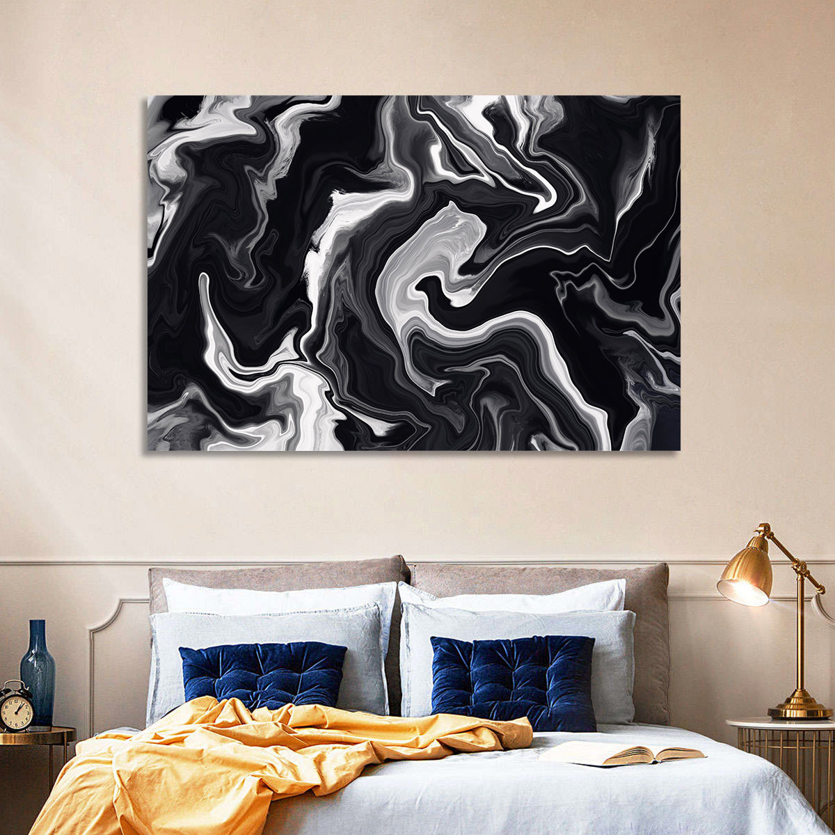 Flowing Black Marble Abstract Wall Art in a room, landscape