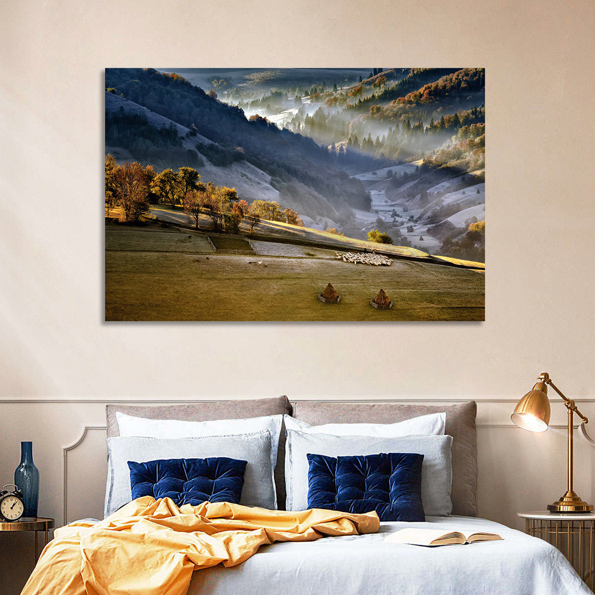 Mountain Village in Morning Mist Wall Art in a room, landscape