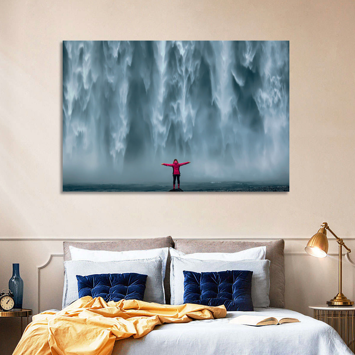 Skogafoss Waterfall with Figure in Pink Wall Art