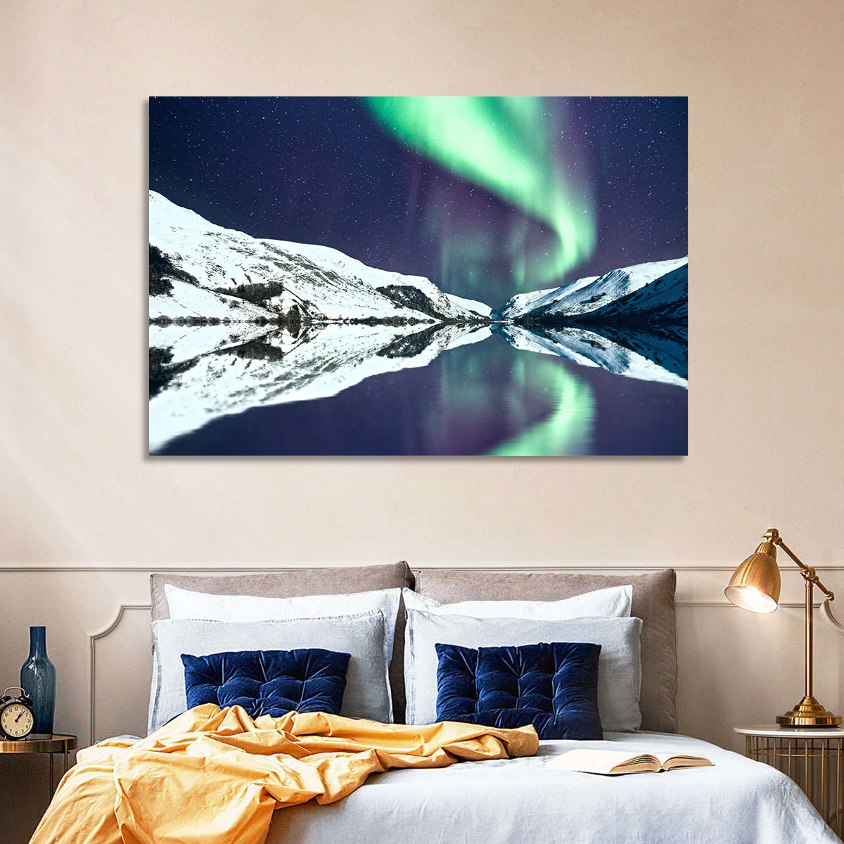 Emerald Aurora Over Mirror Lake Wall Art in a room, landscape