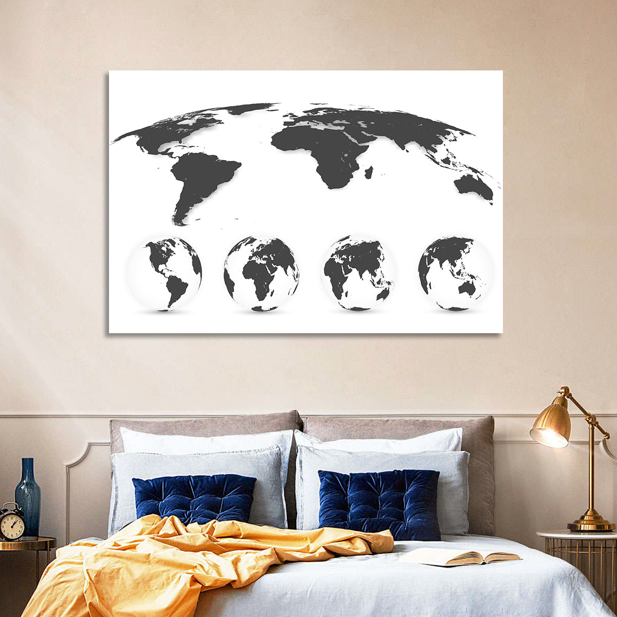 Stylized World Map and Globe Icons Wall Art in a room, landscape