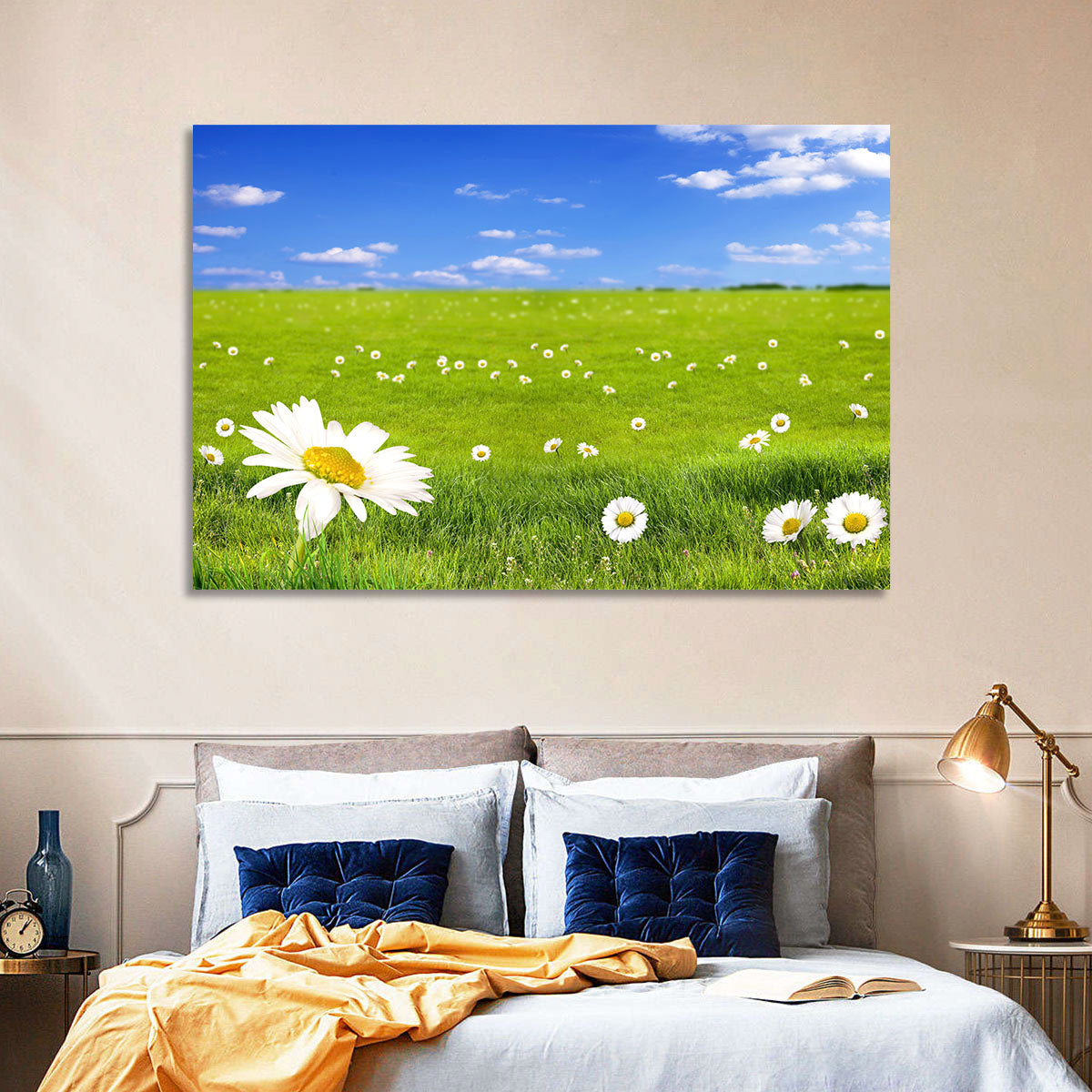 Spring Daisy Meadow Wall Art in a room, landscape