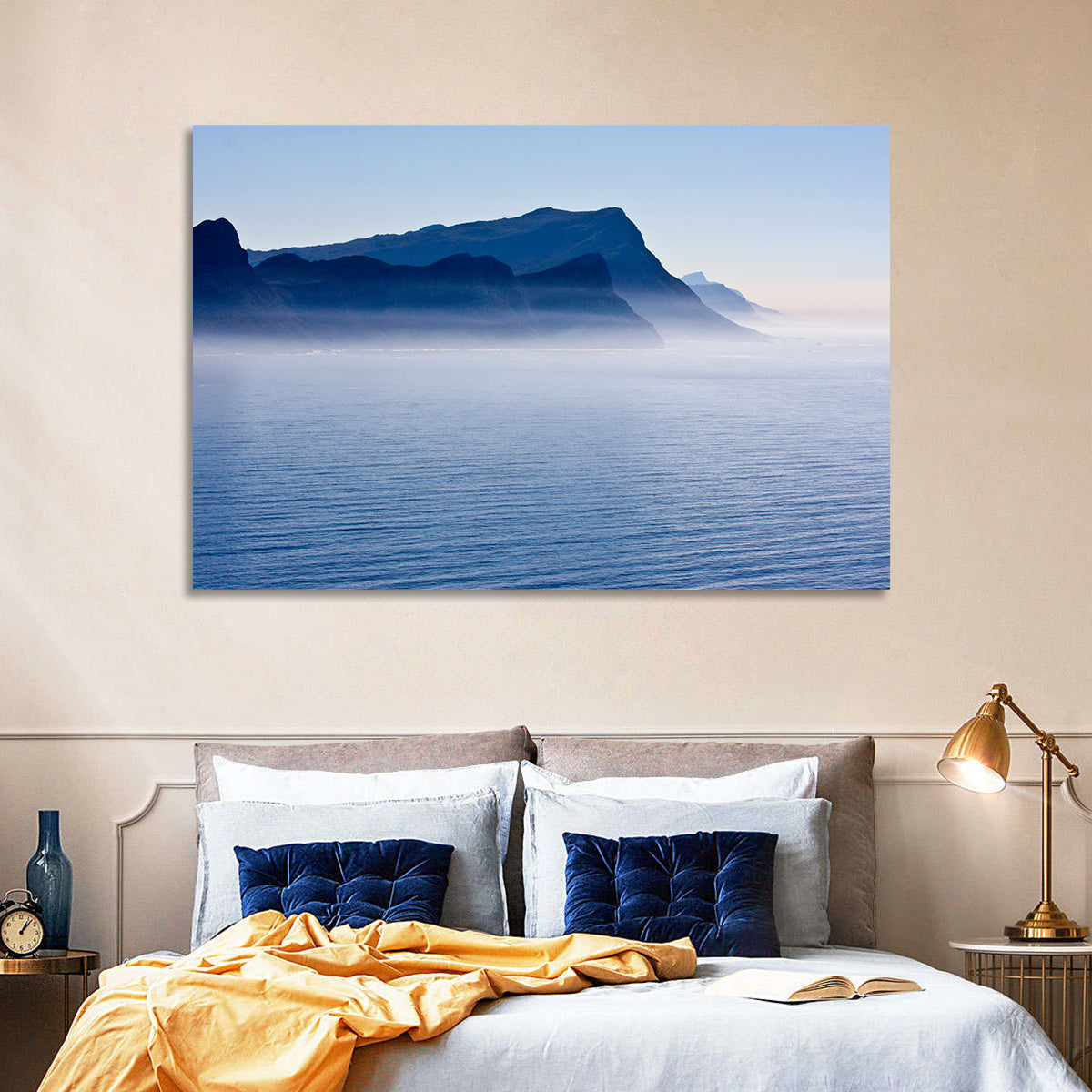 Misty Coastal Cliffs and Mountain Layers Wall Art in a room, landscape