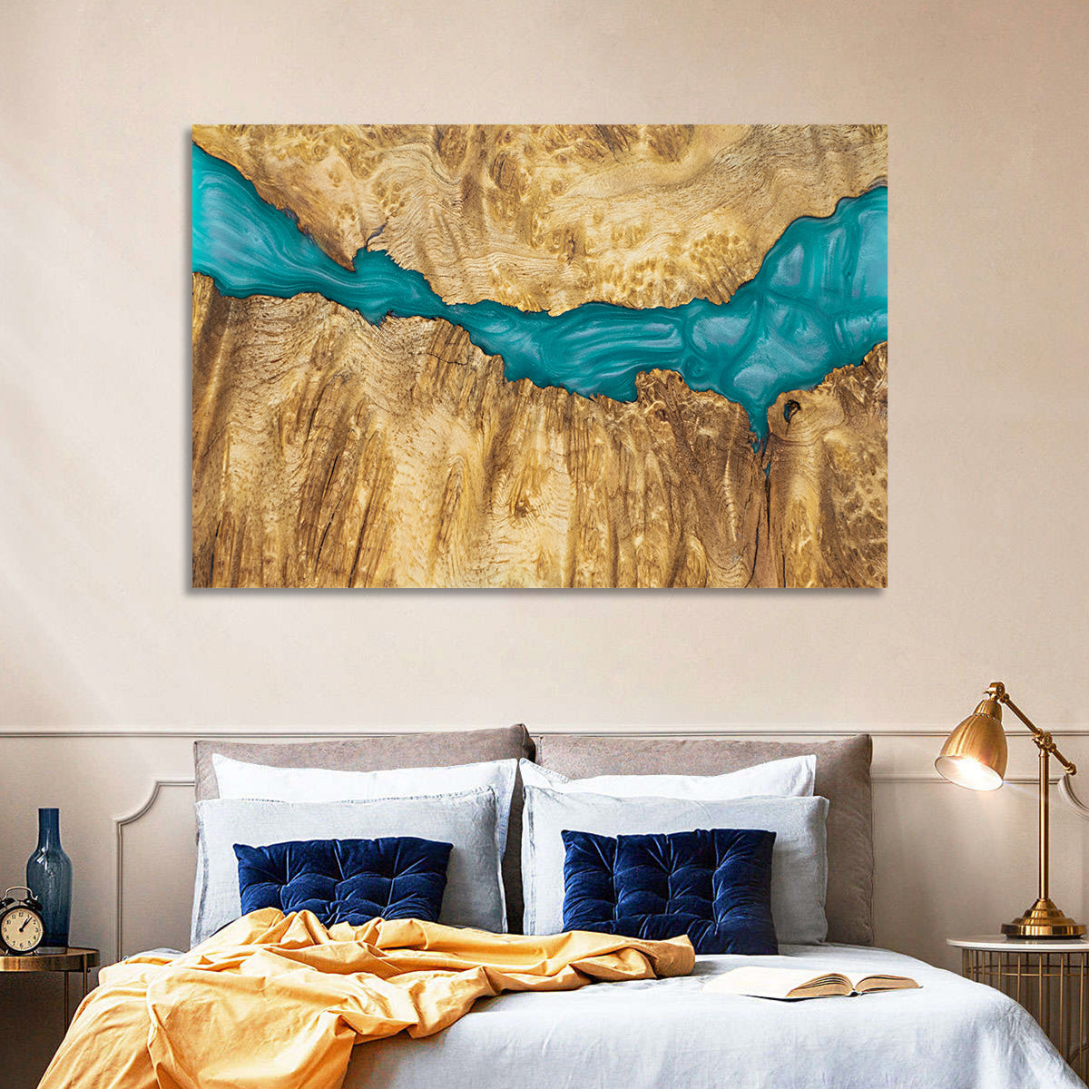 Burled Wood River with Teal Resin Wall Art in a room, landscape