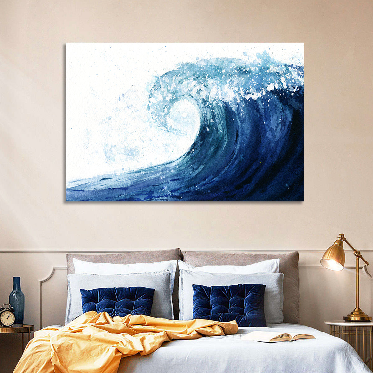 Watercolor Cresting Wave Wall Art in a room, landscape
