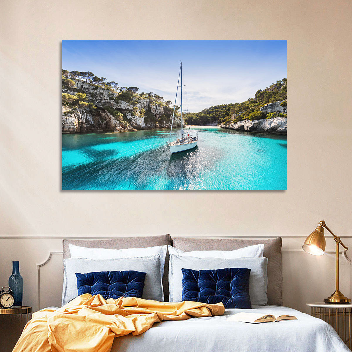 Menorca Cove Sailboat Wall Art in a room, landscape