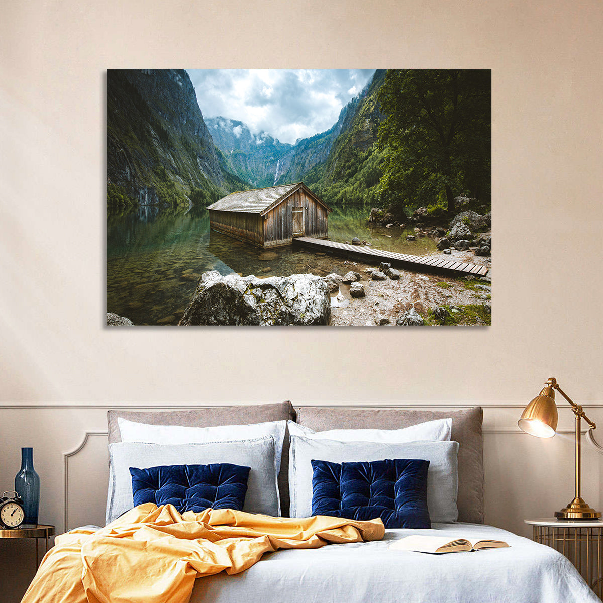 Cabin on Lake Obersee Wall Art in a room, landscape