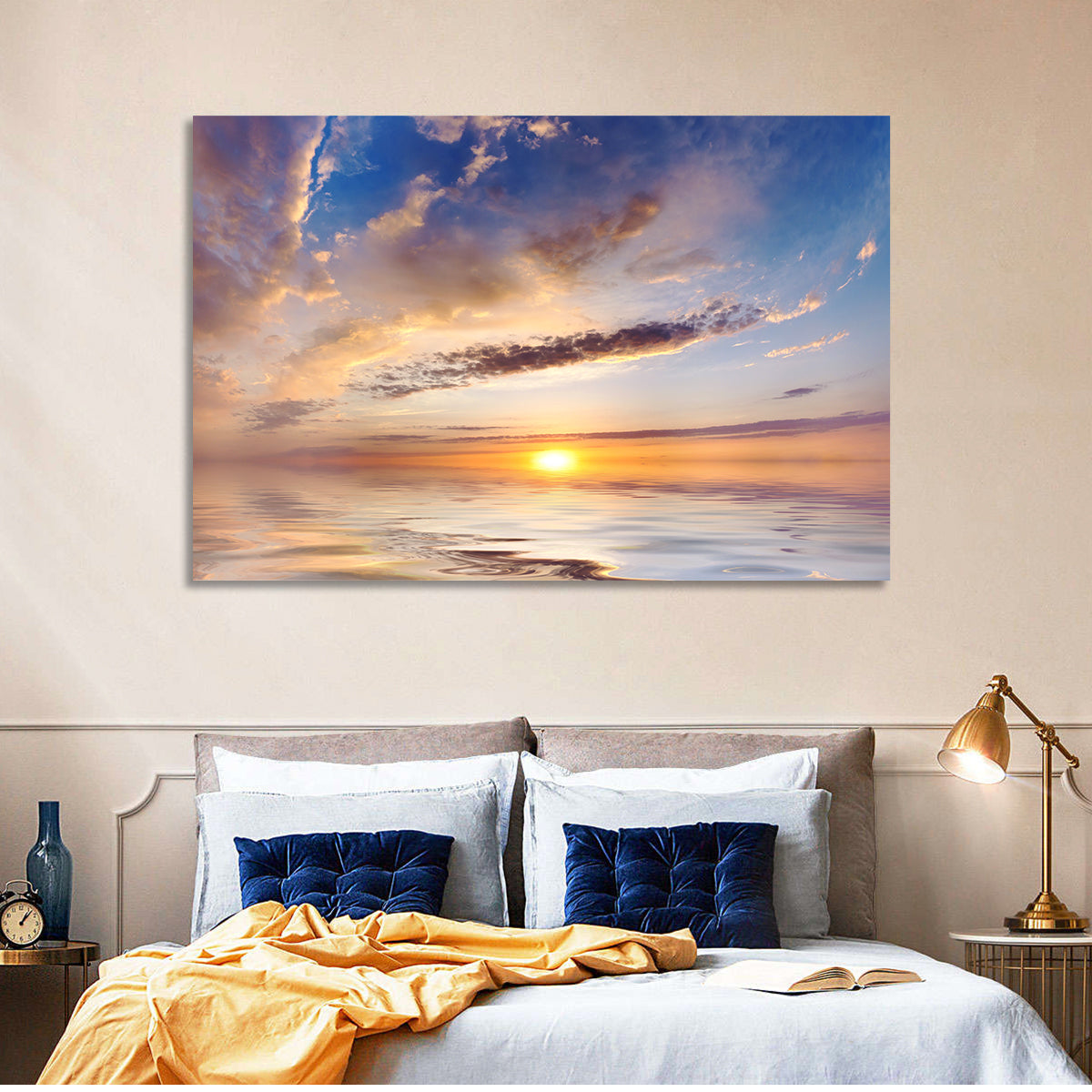 Sunlit Clouds Over Calm Sea Wall Art in a room, landscape