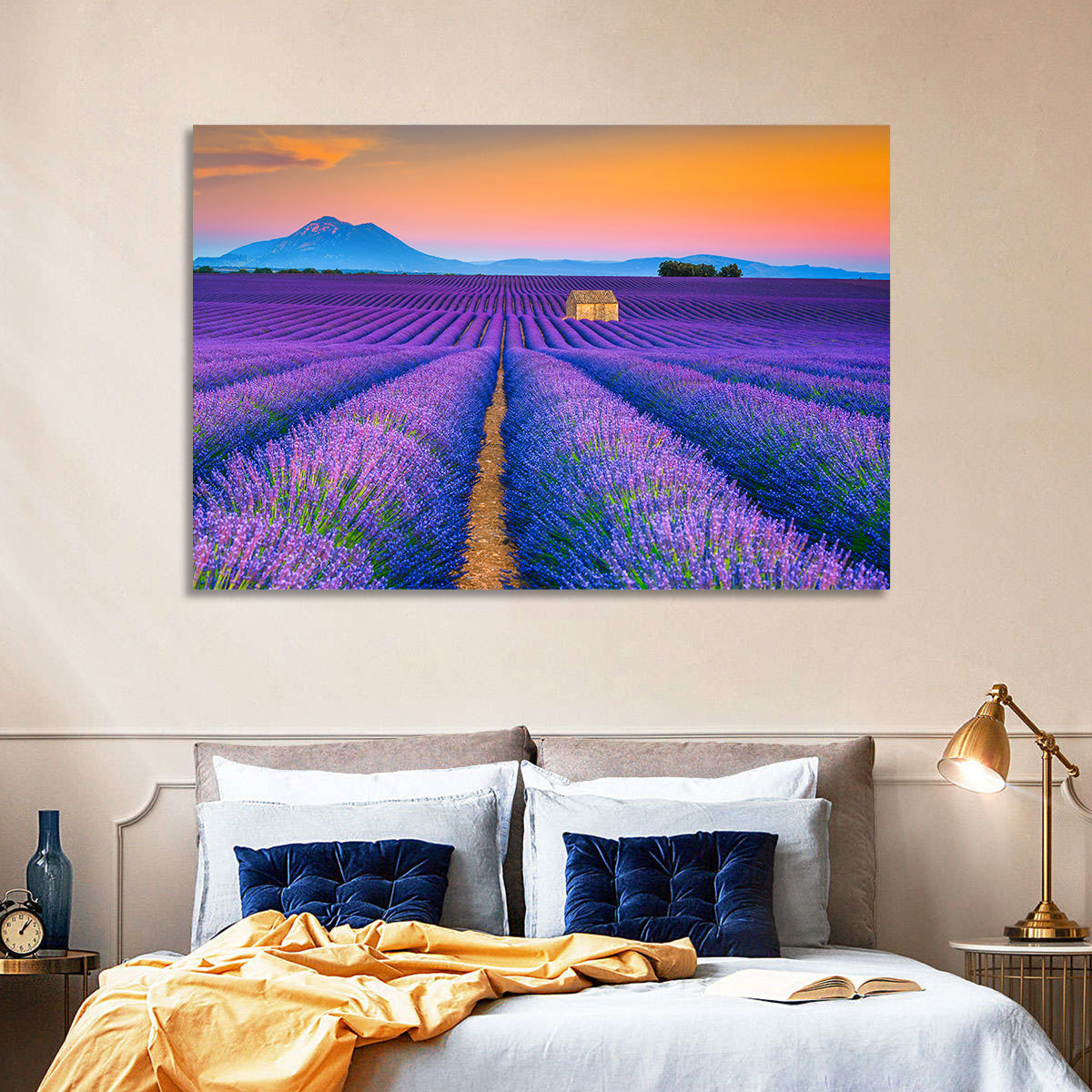 Valensole Lavender Fields at Sunset Wall Art in a room, landscape