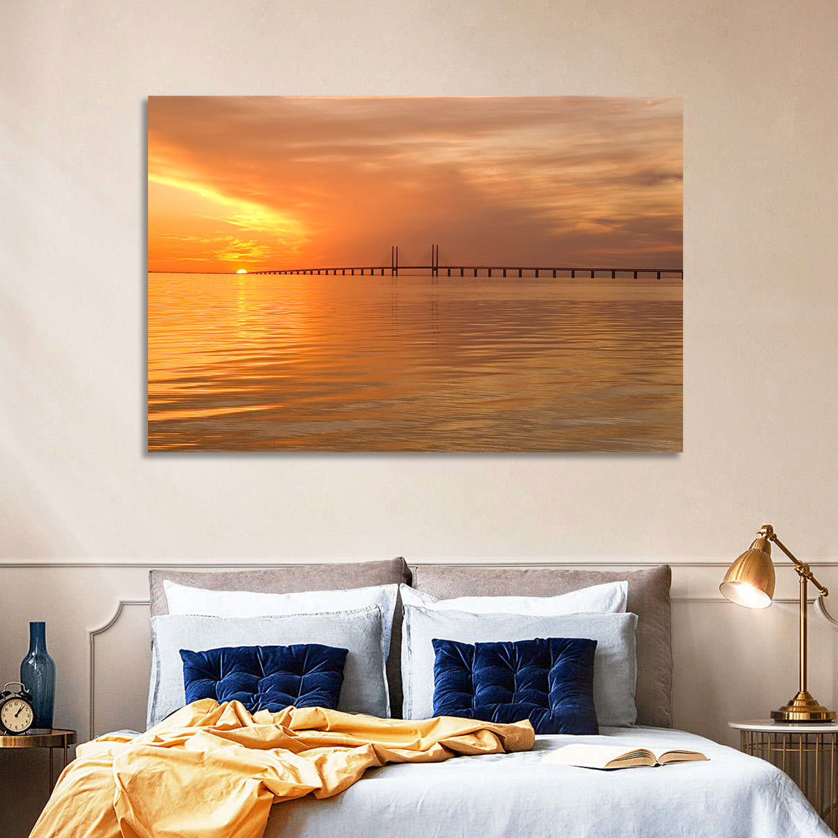 Øresund Bridge in Golden Light Wall Art in a room, landscape