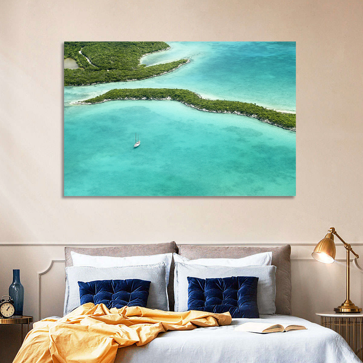 Turquoise Bahamas Islands Wall Art in a room, landscape