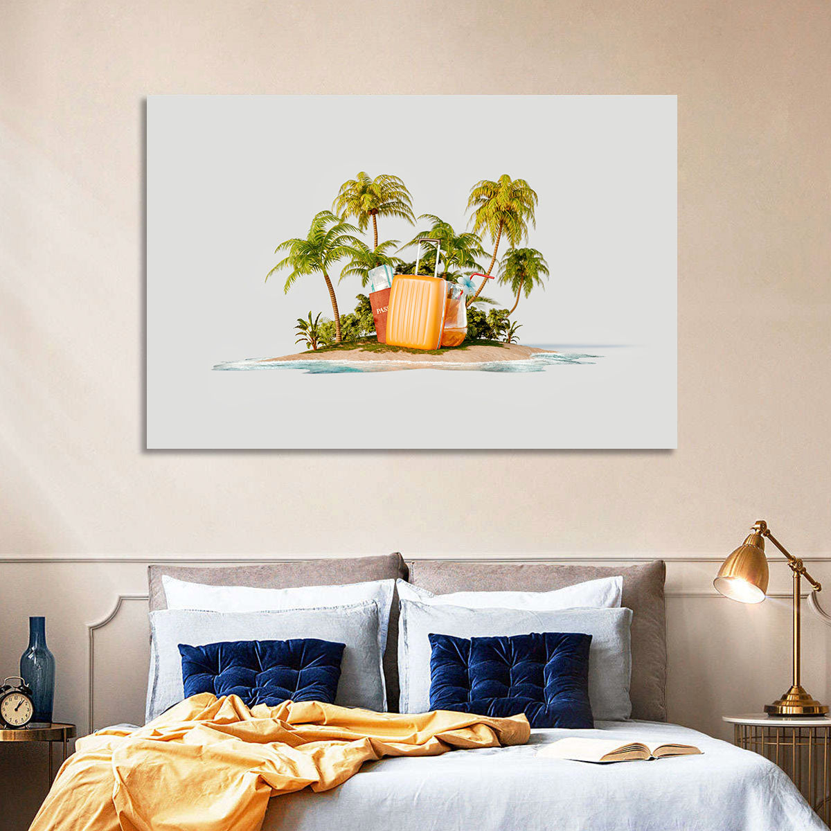 Tropical Island Vacation Illustration Wall Art in a room, landscape
