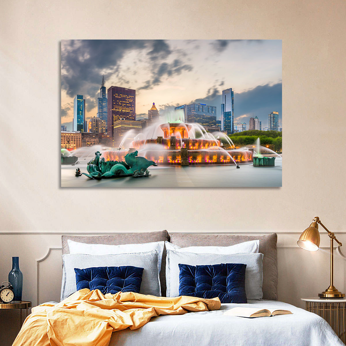 Buckingham Fountain and Chicago Skyline Wall Art in a room, landscape