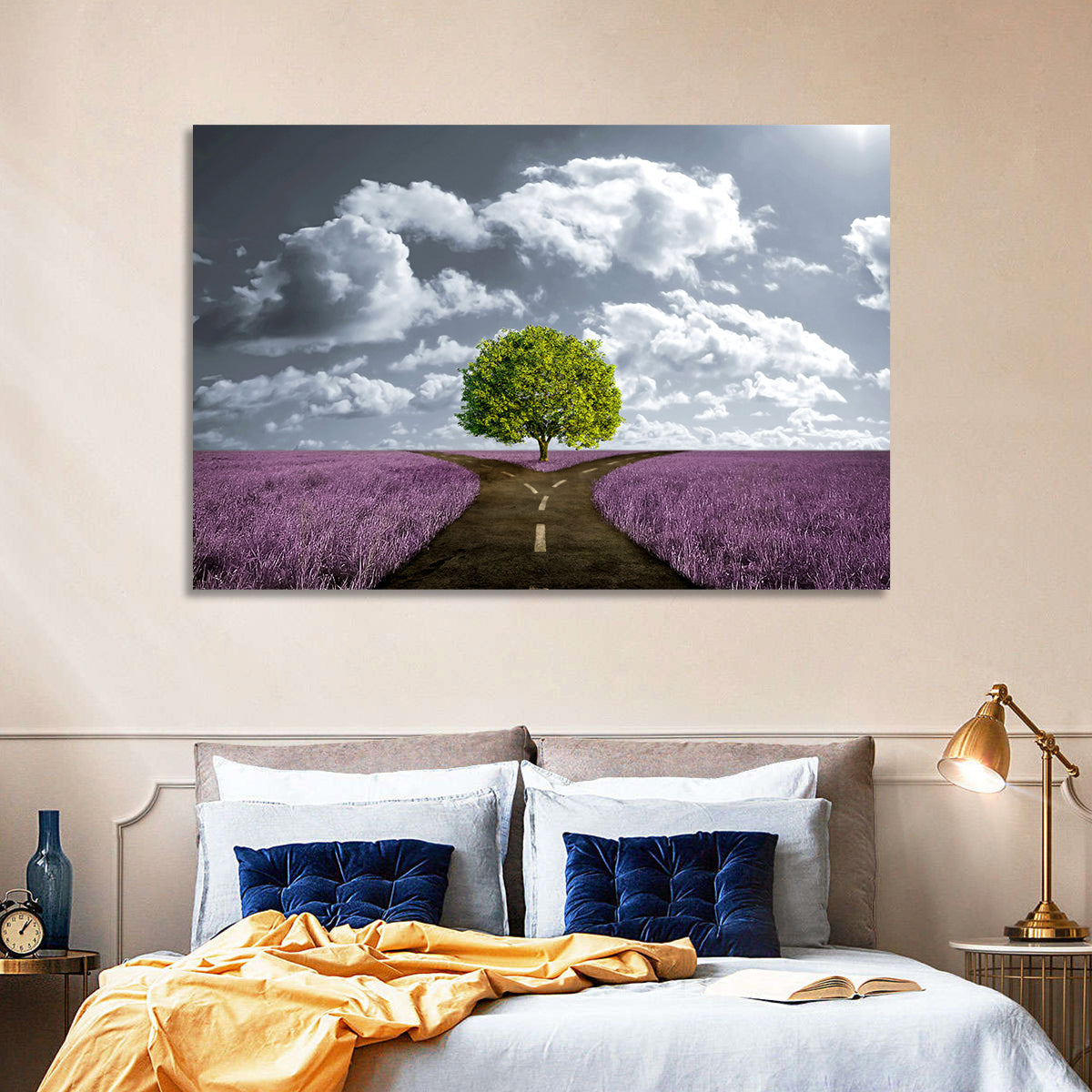 Lavender Field Crossroads with Lone Tree Wall Art in a room, landscape