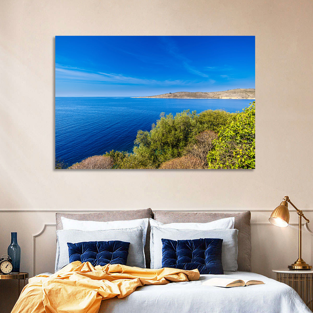 Sunlit Albanian Coastline Wall Art in a room, landscape