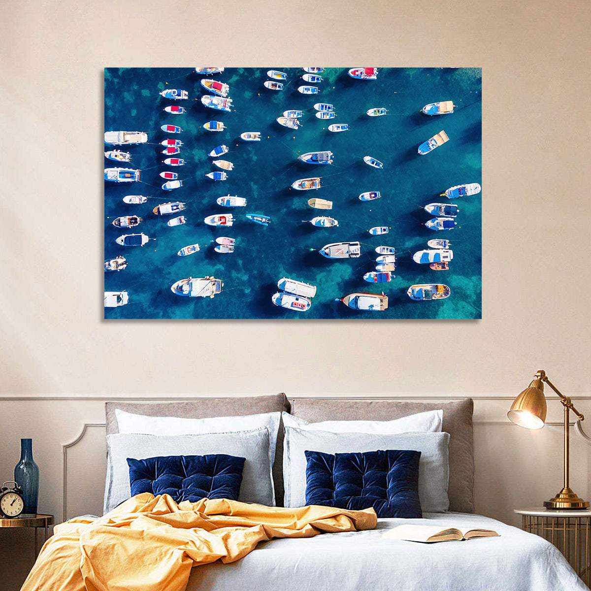 Aerial Boats Over Turquoise Sea Wall Art in a room, landscape