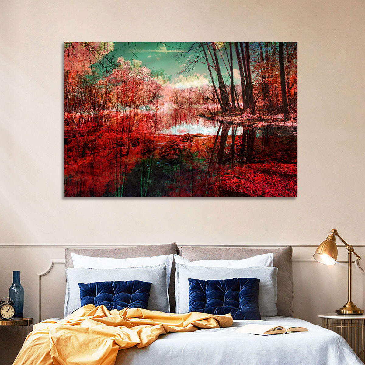 Red Forest Reflection Wall Art in a room, landscape