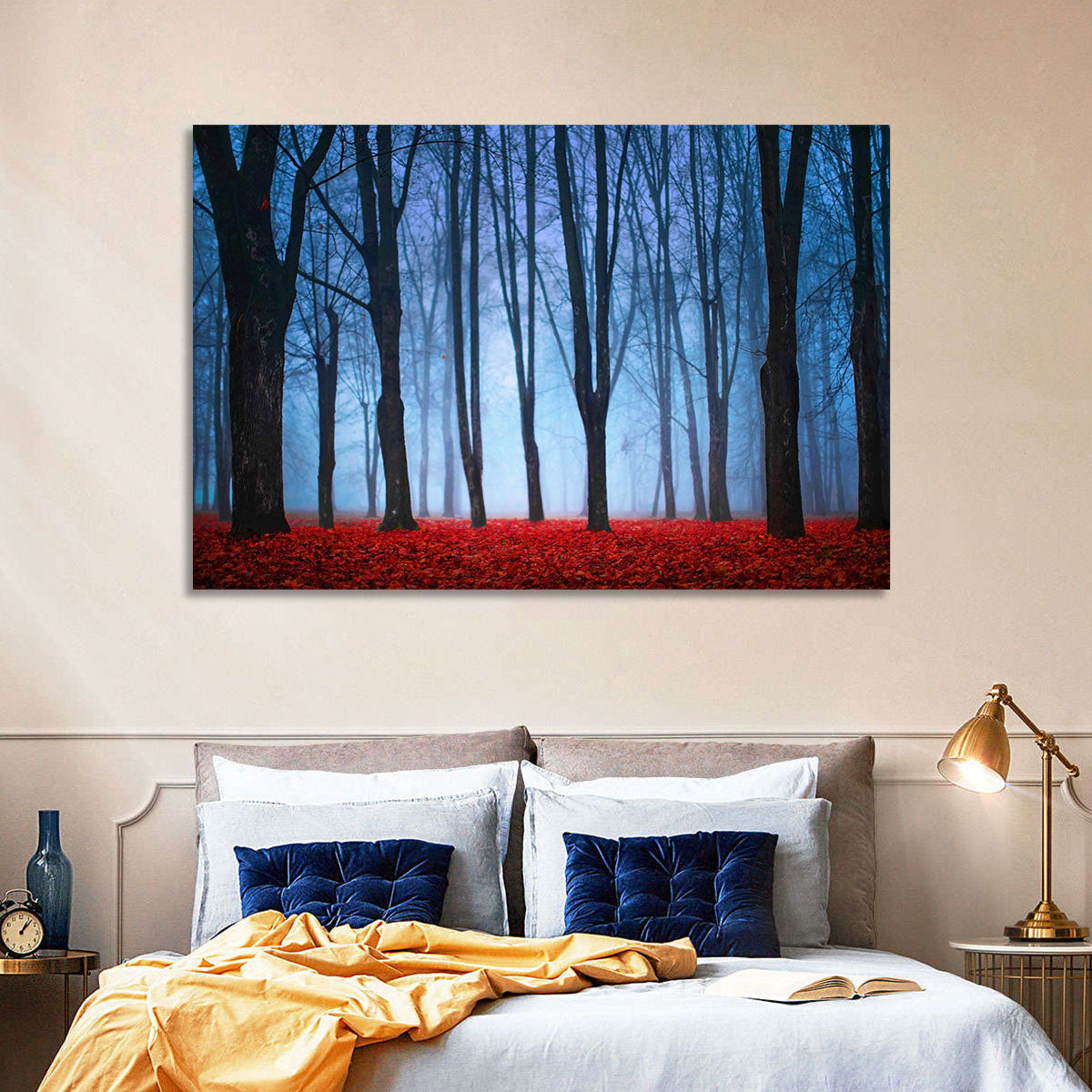 Mystical Autumn Forest Wall Art in a room, landscape