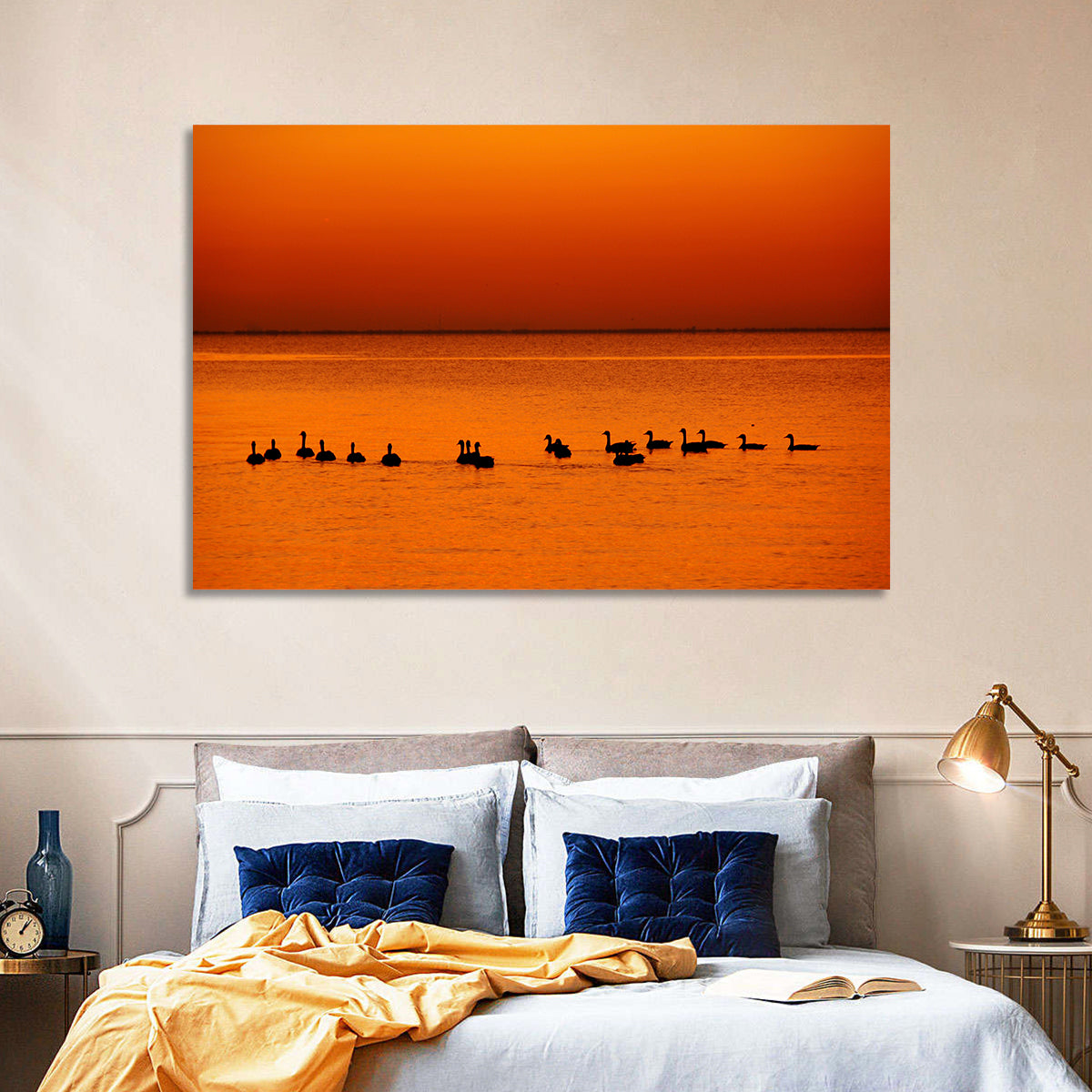 Geese Silhouettes at Orange Sunset Wall Art in a room, landscape