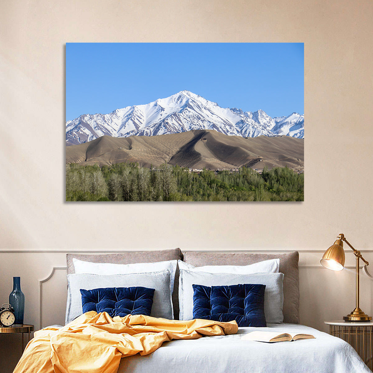 Afghan Snow-capped Peaks Above Forested Foothills Wall Art in a room, landscape