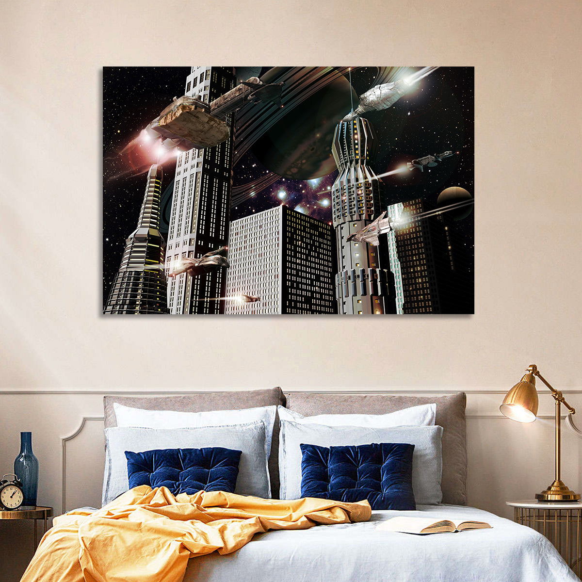 Ringed Planet Cityscape Wall Art