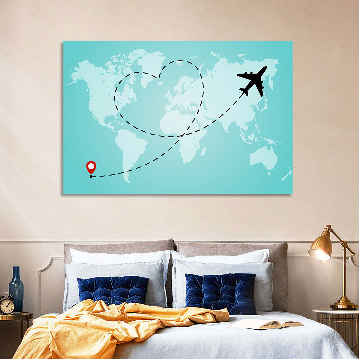 Heart Flight Map Wall Art in a room, landscape