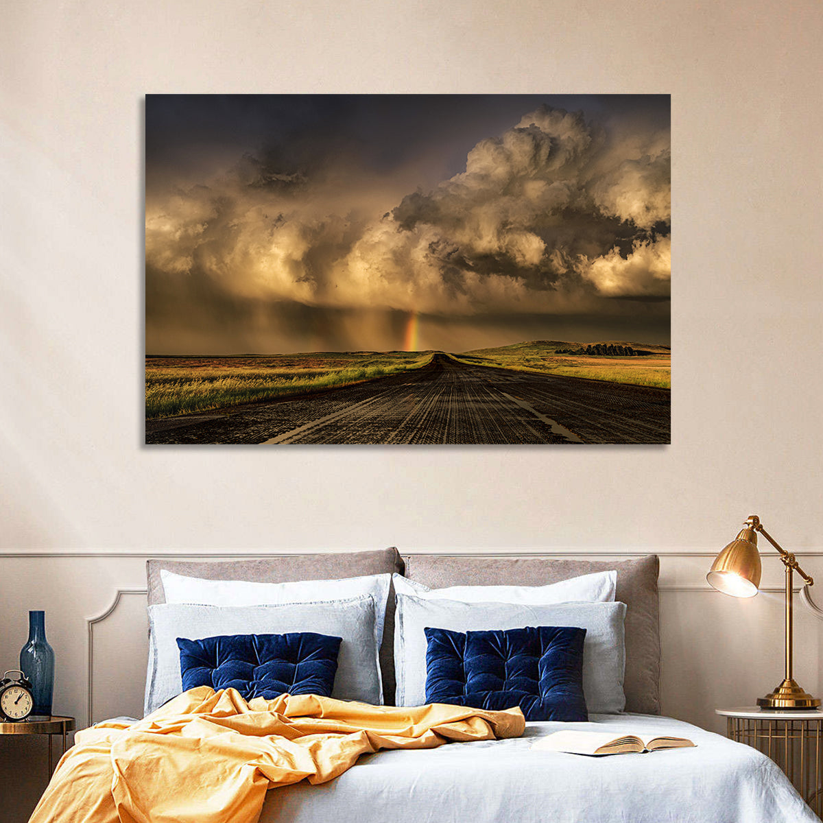 Rain-soaked Road to Rainbow Wall Art in a room, landscape