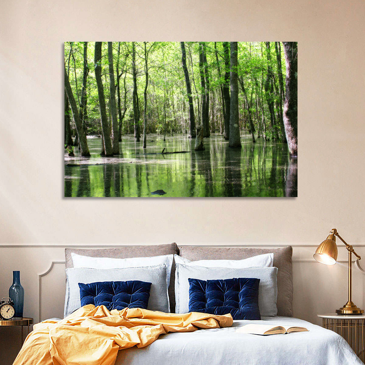 Sunlit Swamp Forest Wall Art in a room, landscape