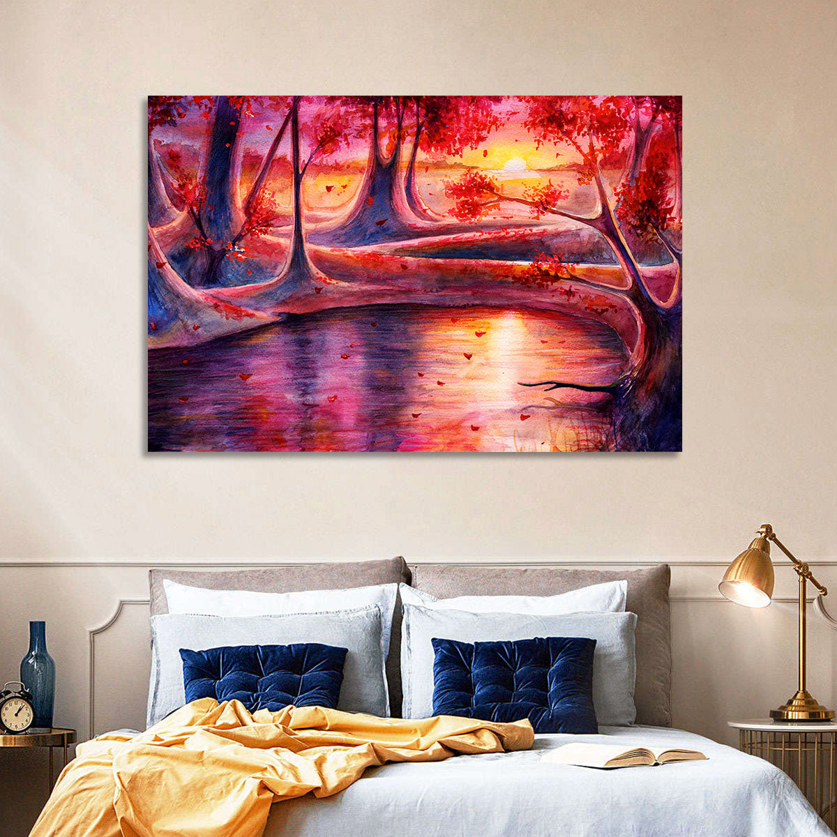 Autumn Forest Lake at Dusk Wall Art in a room, landscape