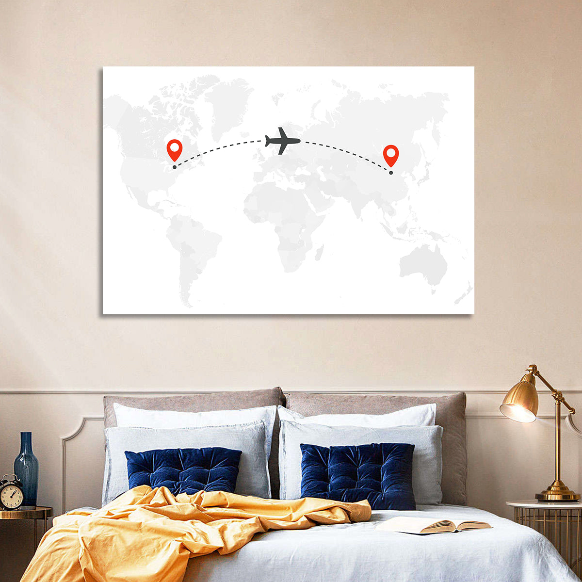 Air Travel World Map Wall Art in a room, landscape
