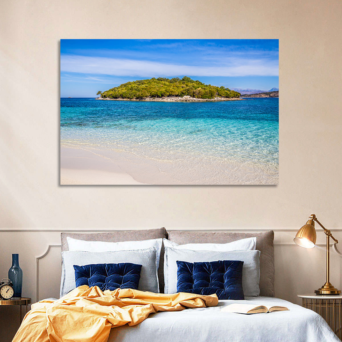 Butrint Turquoise Island Beach Wall Art in a room, landscape