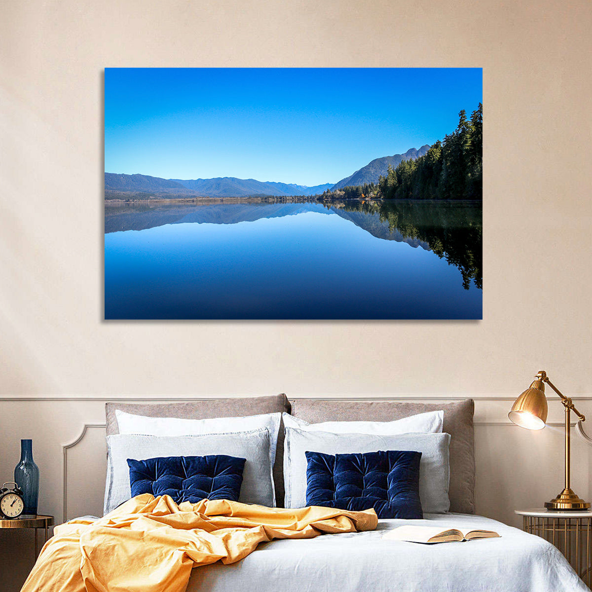 Lake Quinault Reflection Wall Art in a room, landscape