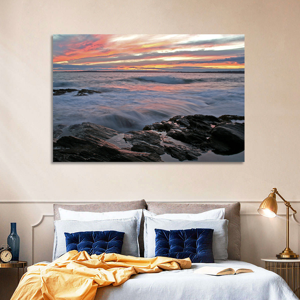 Rocky Coast Sunset Wall Art in a room, landscape