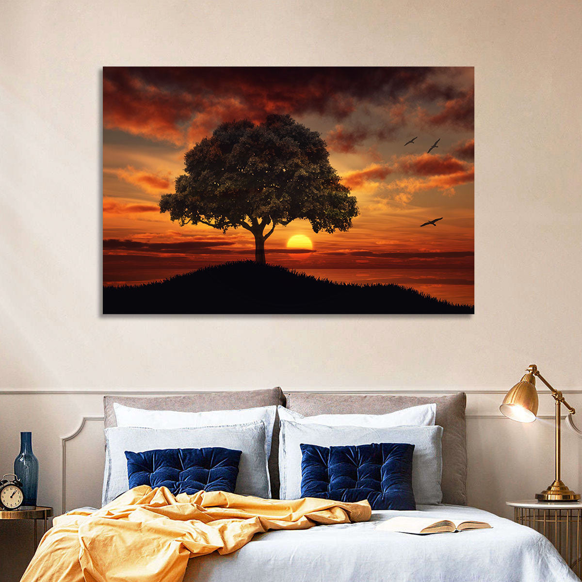 Lone Tree at Sunset with Birds Wall Art