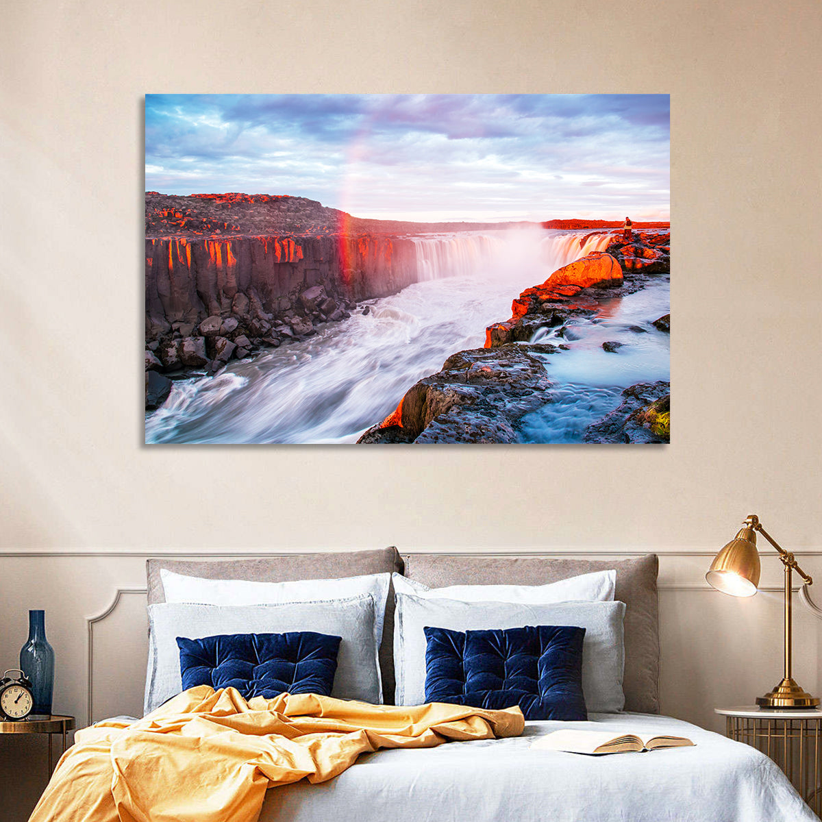Golden Hour Selfoss Falls Rainbow Wall Art in a room, landscape