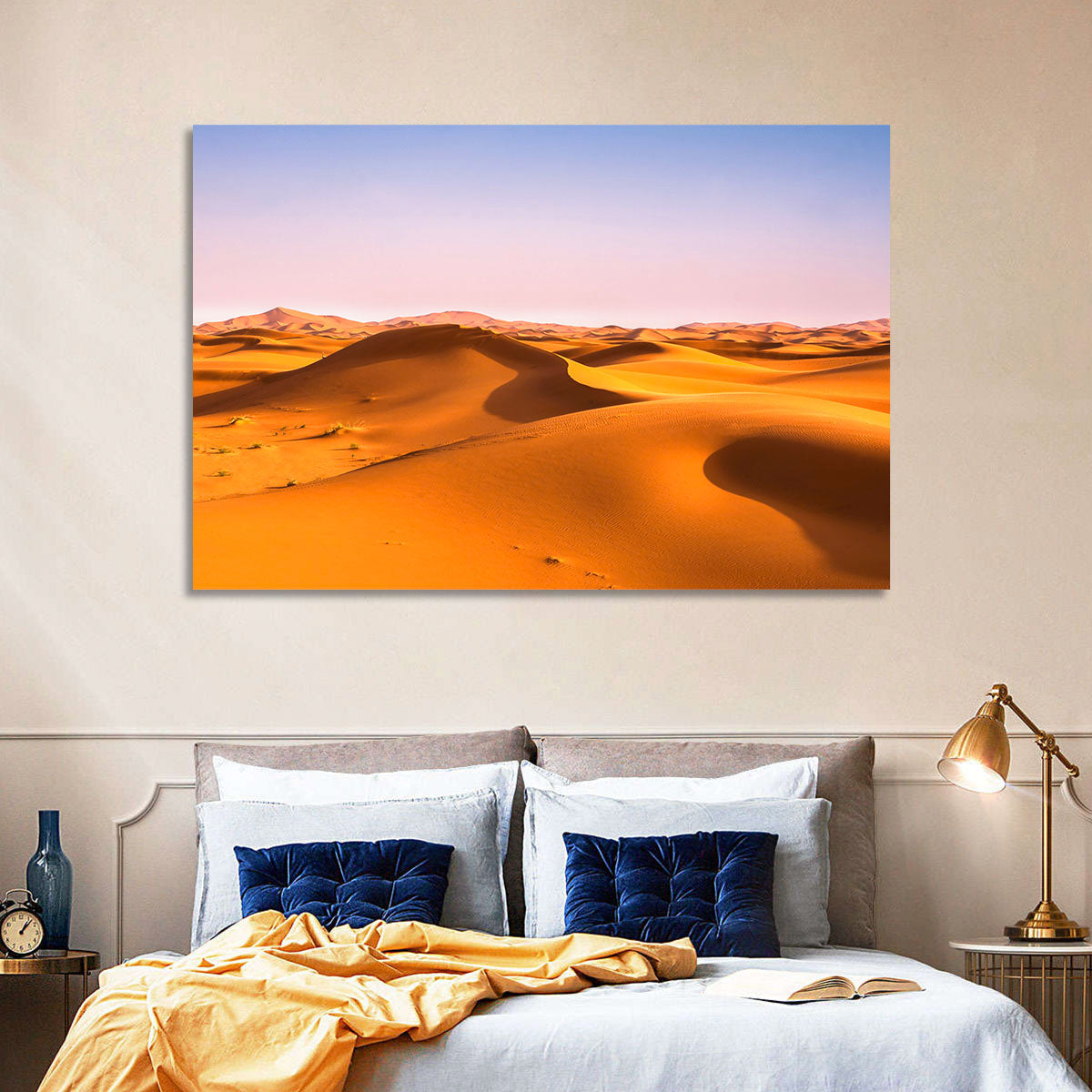 Golden Sahara Dunes Wall Art in a room, landscape