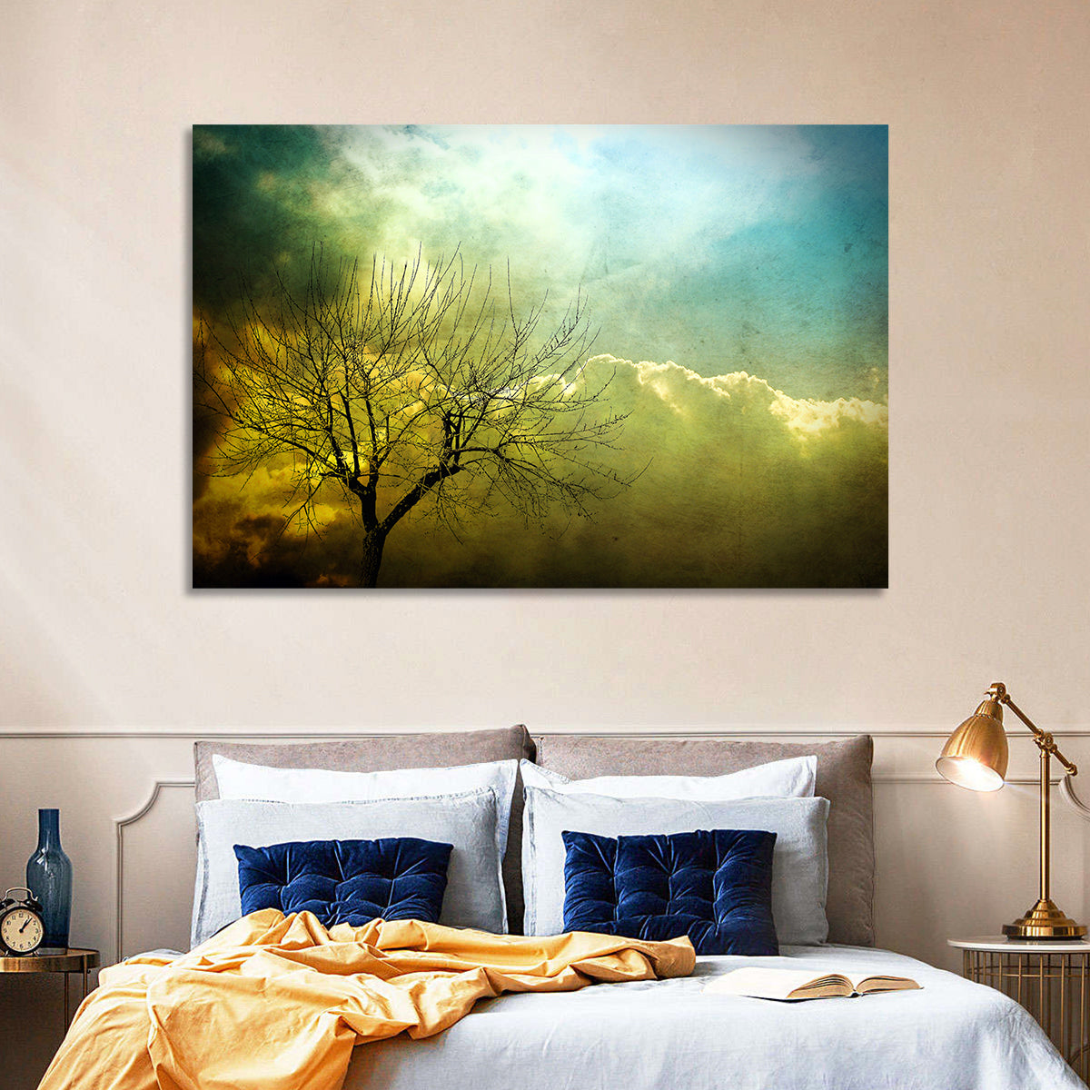 Moody Winter Tree Landscape Wall Art in a room, landscape