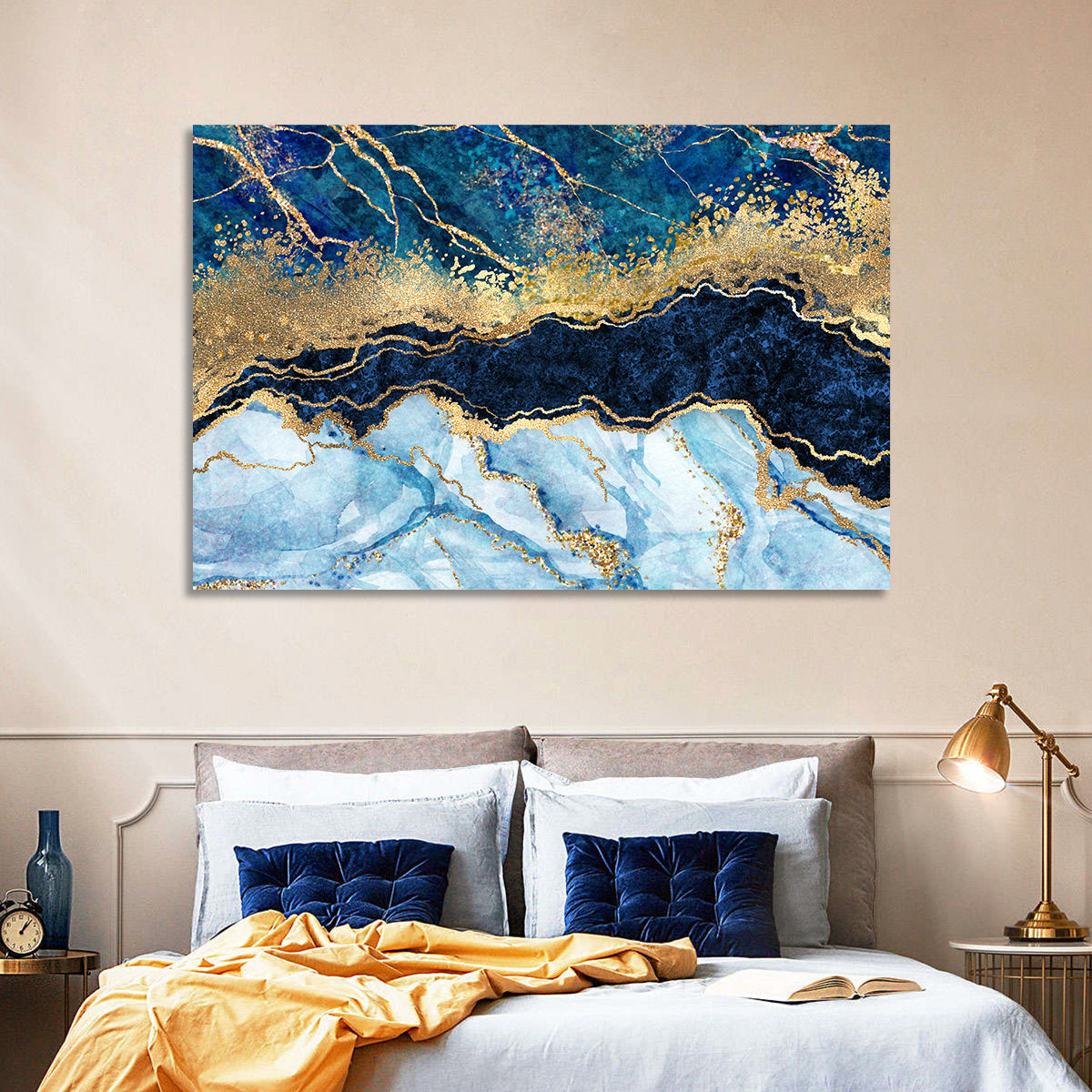 Navy Blue Marble with Gold Veins Wall Art in a room, landscape