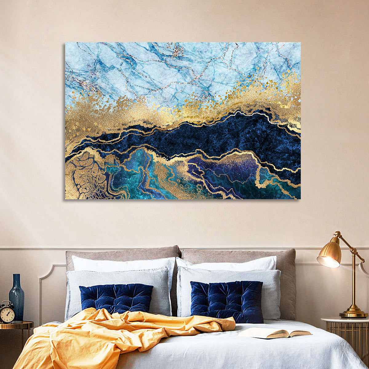 Blue Marble with Gold Veins Wall Art in a room, landscape