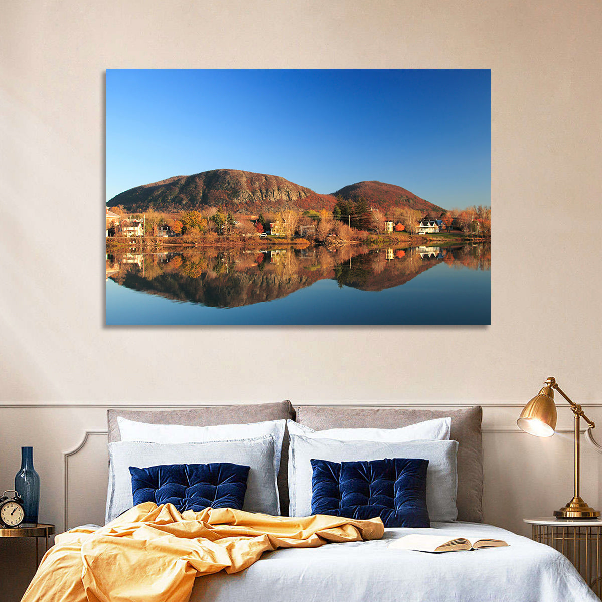 Mont Saint-hilaire Autumn Reflection Wall Art in a room, landscape