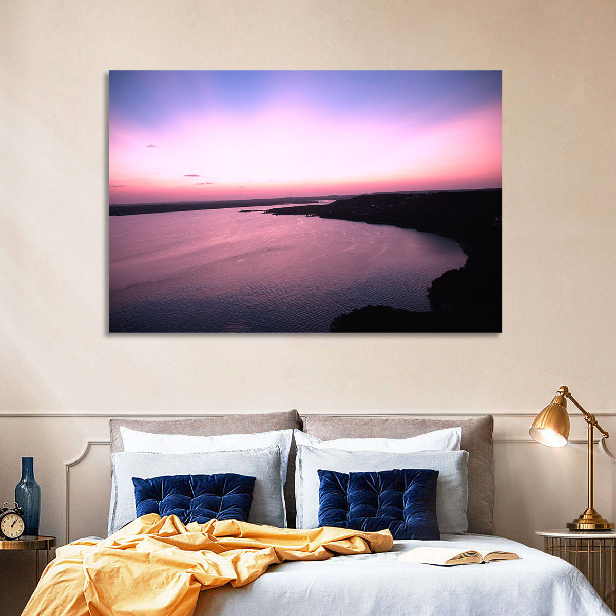 Lake Travis Purple Sunset Wall Art in a room, landscape