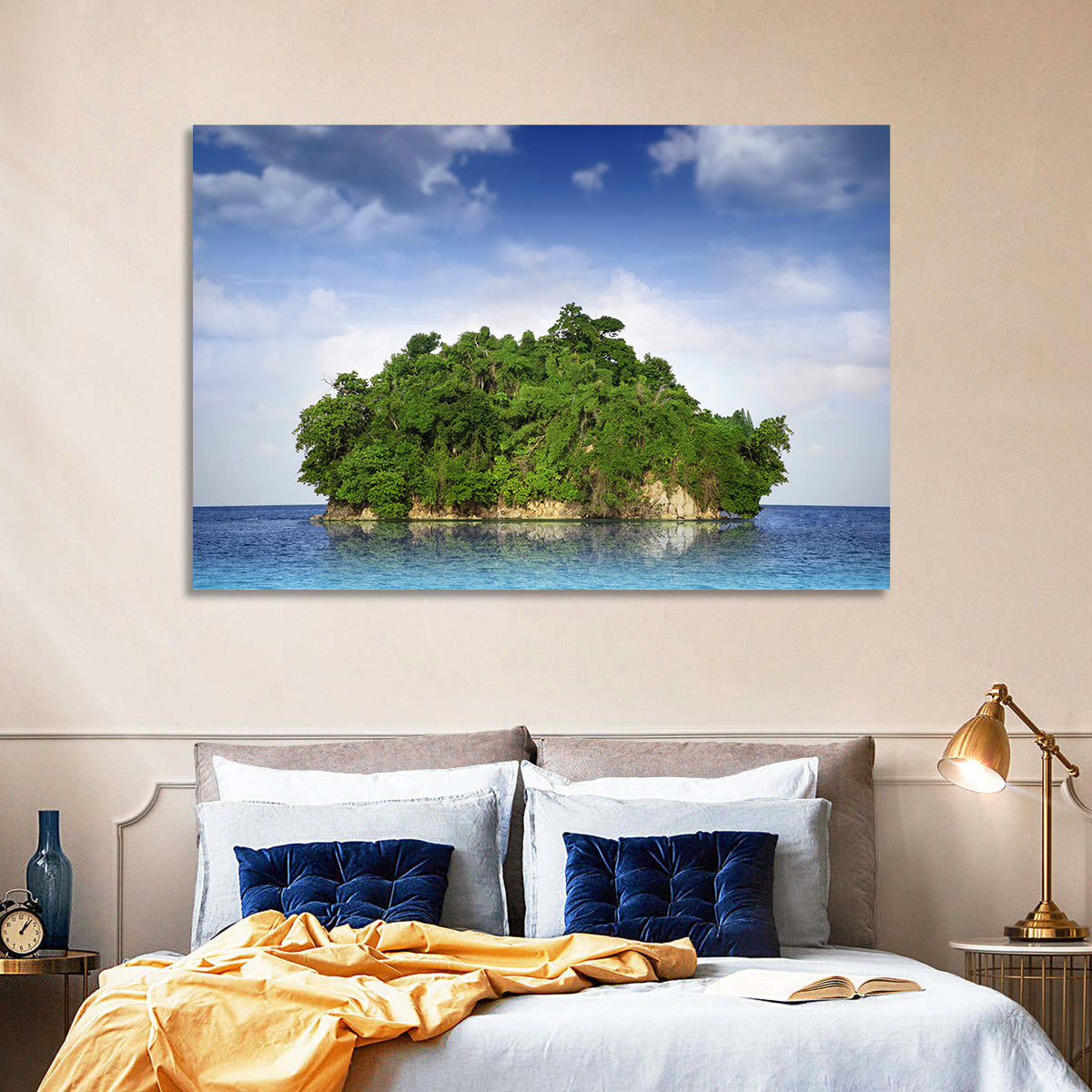 Tranquil Tropical Island Reflection Wall Art in a room, landscape