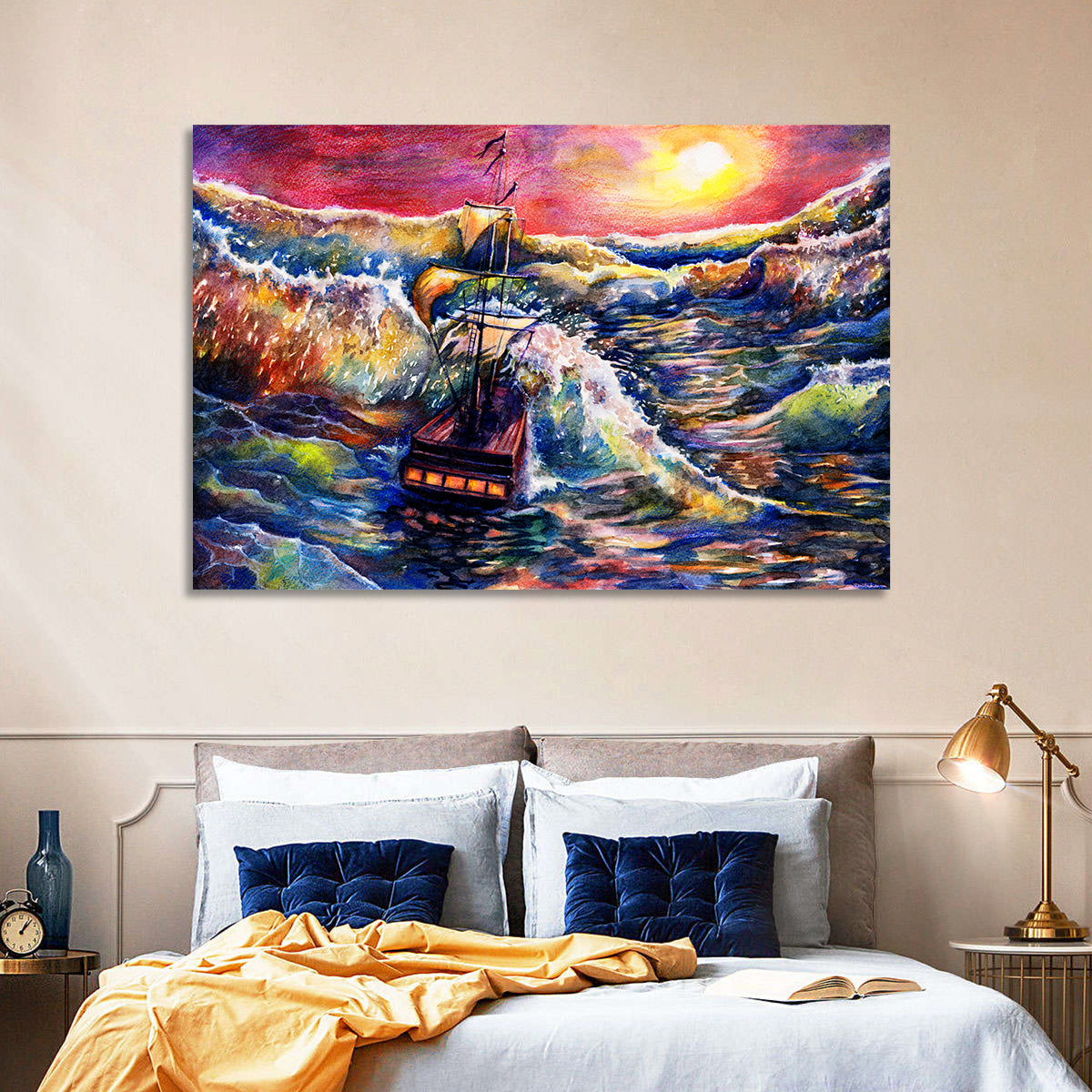 Stormy Sunset Sailing Ship Wall Art in a room, landscape