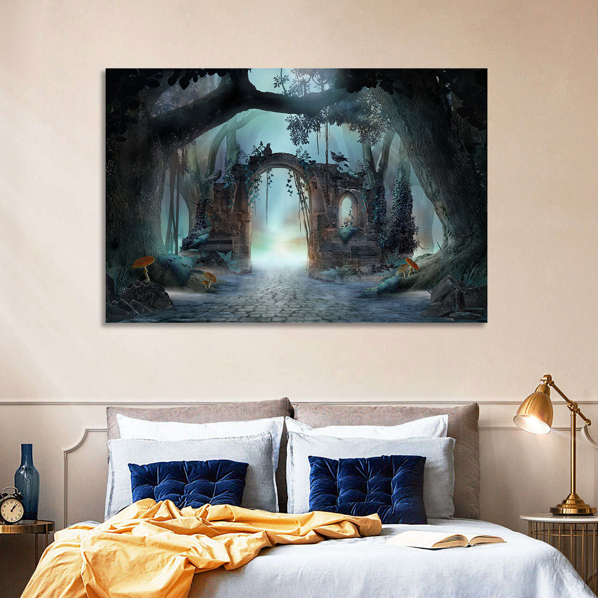 Enchanted Foggy Forest Wall Art in a room, landscape