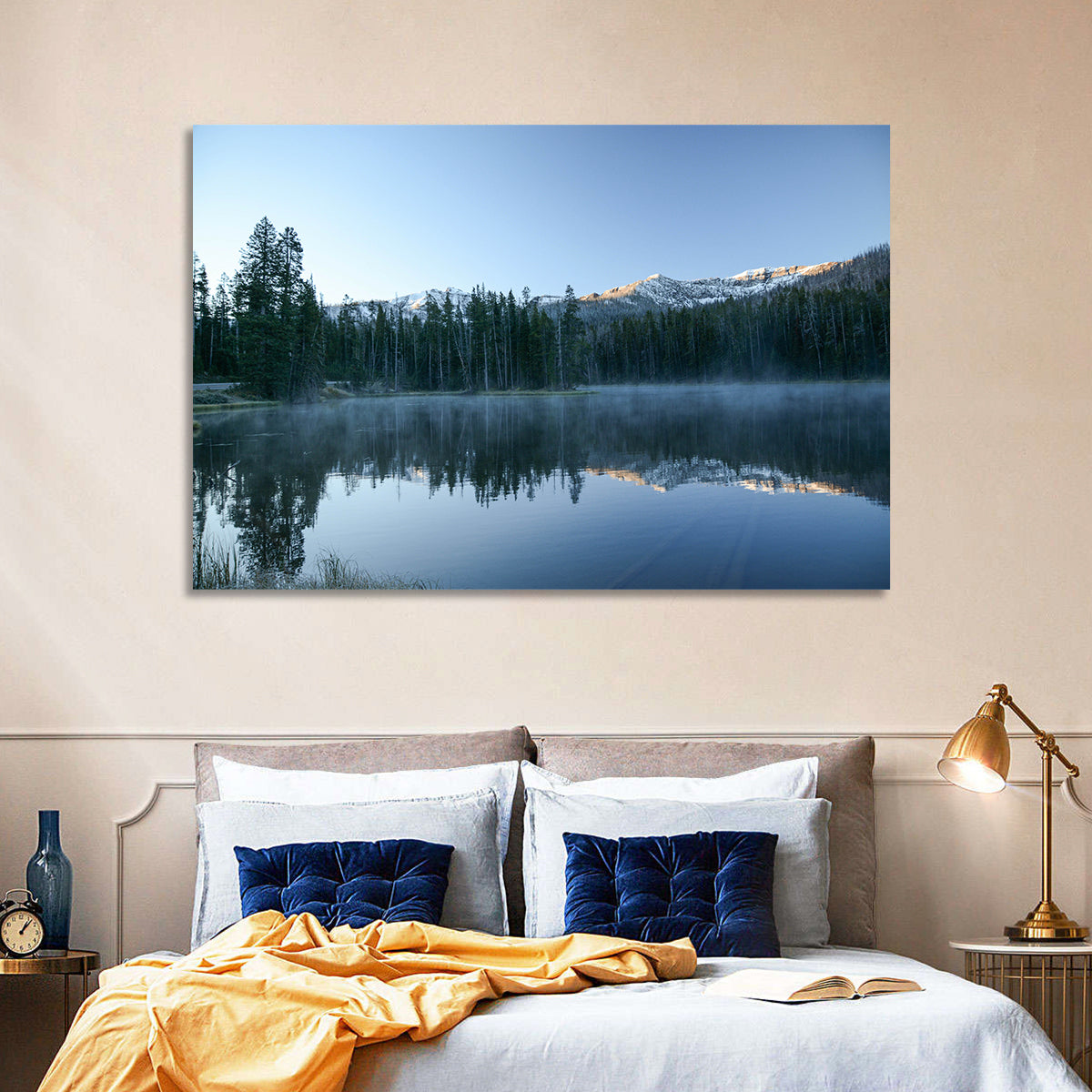 Sylvan Lake Morning Mist Wall Art in a room, landscape