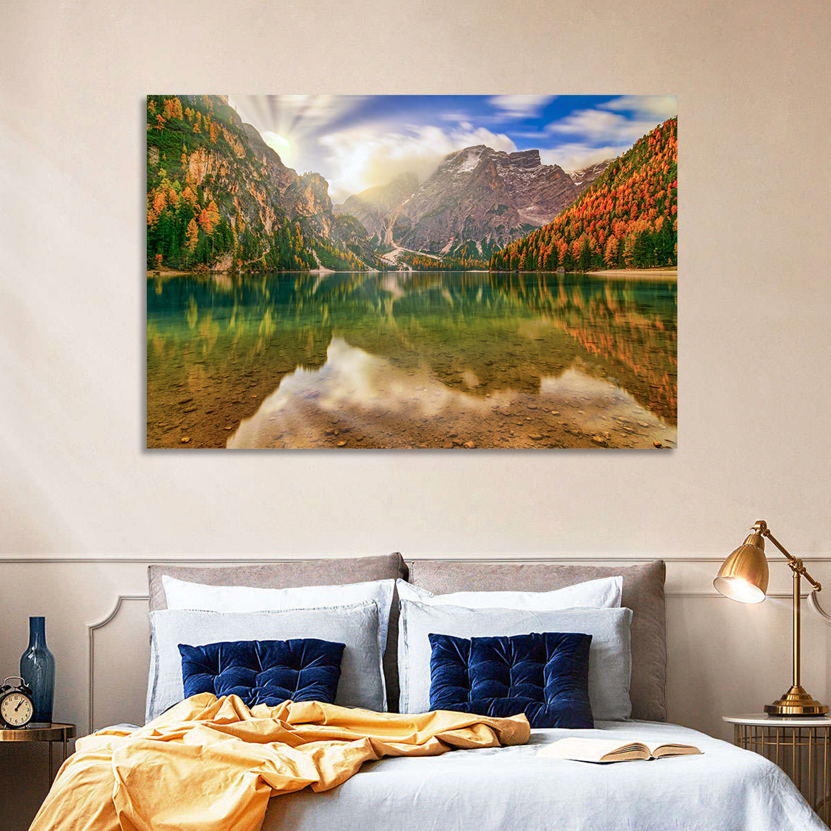 Lago Di Braies Sunrise Wall Art in a room, landscape
