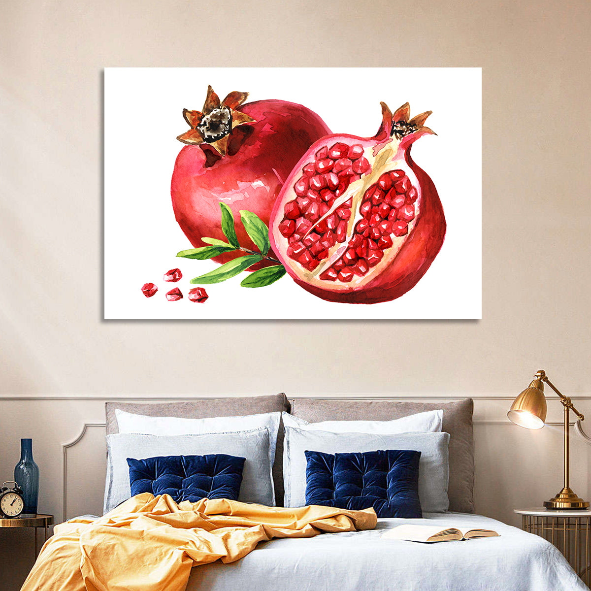 Fresh Pomegranate Watercolor Wall Art in a room, landscape