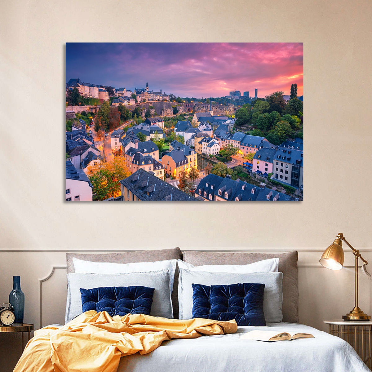 Luxembourg Grund at Dusk Wall Art in a room, landscape