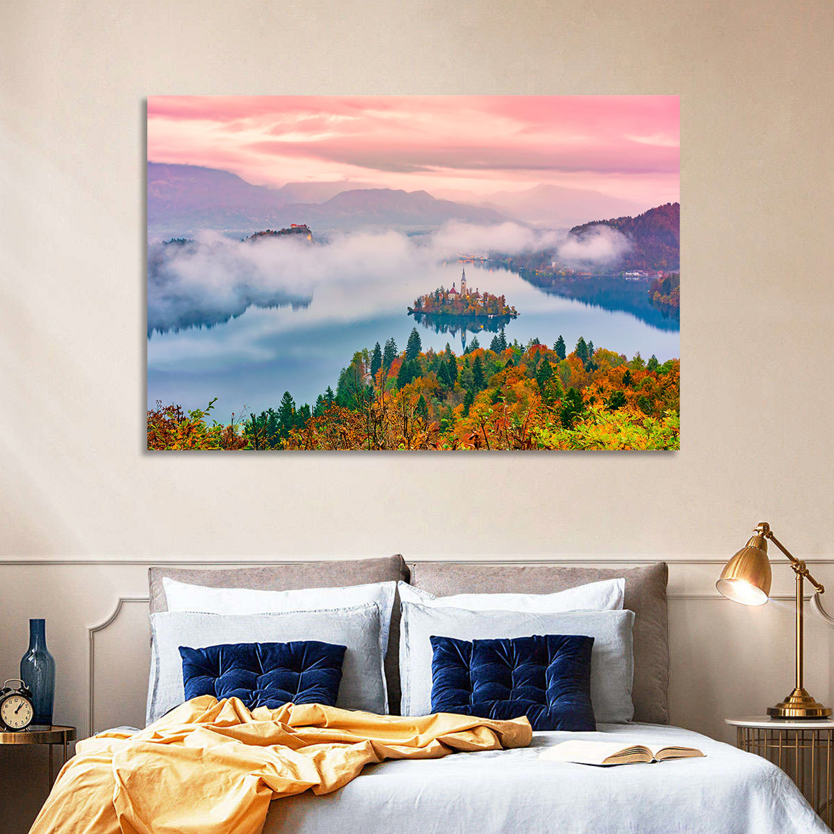Misty Morning Over Lake Bled Wall Art in a room, landscape